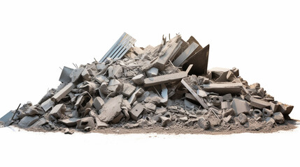 Panorama. A pile of gray concrete debris remains of a destroyed building on a white. generative ai - obrazy, fototapety, plakaty