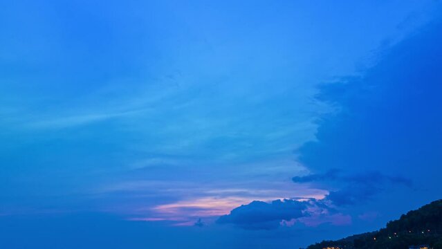 .Aerial hyperlapse view beautiful blue sky above the ocean. .Scene of colorful pink rays glistened at sunset. .creating a beautiful and calming sight. Gradient color. .abstract nature background