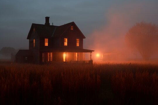 A secluded wooden house obscured by mist, emitting eerie red glows from its windows, encircled by a field of corn. Generative AI