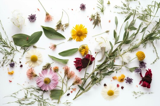 Creating natural herbal tea from wild plants and flowers. Eco-friendly banner featuring natural flowers and herbs, tea bags, white background with space. Herbal apothecary concept. Generative AI