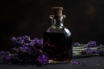 Obraz na płótnie Canvas A bottle of aromatic oil with vibrant lavender twigs. Generative AI
