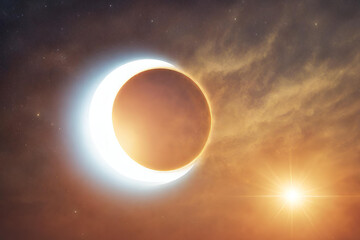 sun and moon,
 The Moon mostly covers the visible Sun creating a diamond ring effect,
Solar Eclipse Beauty