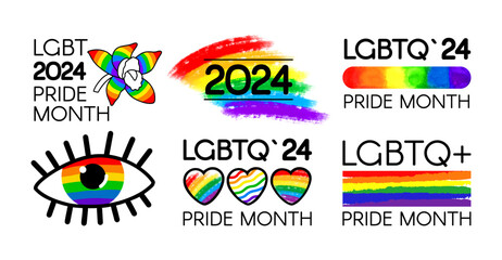 Fototapeta na wymiar LGBT Pride Month 2024 Pack. Brushstroke LGBT flags, logos, symbols, icons, and stickers.