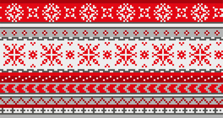Nordic sweater long seamless pattern with red and gray color, Sami people folk art design, traditional knitting and embroidery. Vector illustration background. - obrazy, fototapety, plakaty