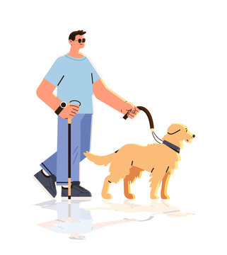 bling man walking with guide dog assistant animal leading male character confident navigation people with disabilities