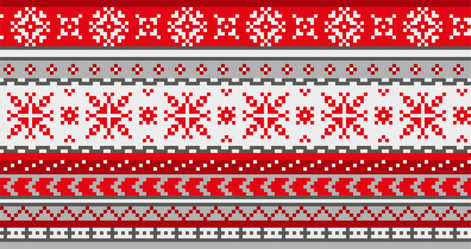 Nordic sweater long seamless pattern with red and gray color, Sami people folk art design, traditional knitting and embroidery. Vector illustration background.