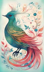 Digital watercolor illustration of a beautiful magical fantasy bird with bright wings and a wavy tail with flowers in the branches