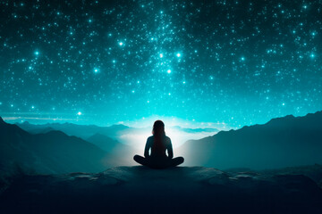 silhouette of a woman meditating outdoors under a starry sky at night	