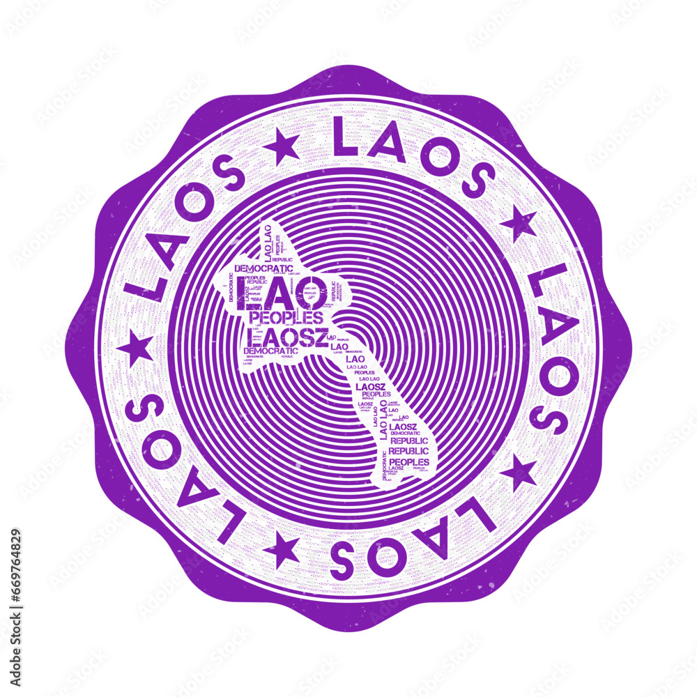 Poster laos seal. country round logo with shape of laos and country name in multiple languages wordcloud. a