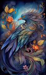Digital watercolor illustration of a beautiful magical fantasy bird with bright wings and a wavy tail with flowers in the branches