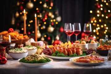 Naklejka premium Christmas dinner on the table against the background of the Christmas tree