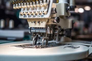 Close-up of an industrial sewing/machine embroidery machine in an Austrian production. Generative AI - obrazy, fototapety, plakaty