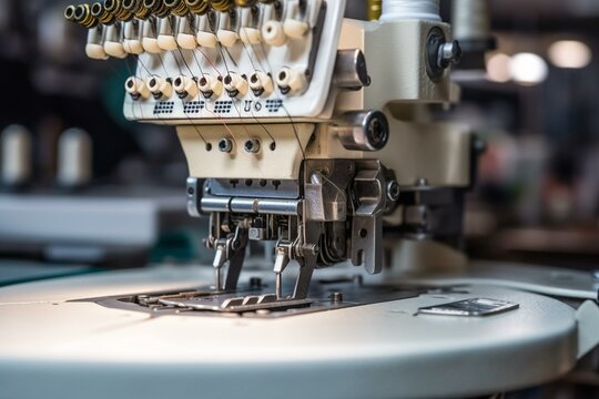 Close-up of an industrial sewing/machine embroidery machine in an Austrian production. Generative AI