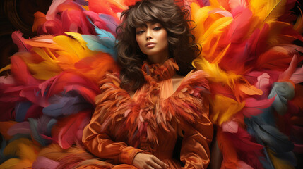 A lovely woman enjoys a comfortable rest, luxuriating on a bed of soft, colorful feathers.