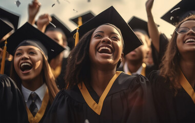 Obraz premium A group of joyful multiracial graduates toss their graduation hats into the air to celebrate the completion of their studies. education concept. 