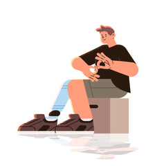 deaf man with replaced robotic leg using sign language disabled deaf-mute guy with prosthesis body part hearing disability concept