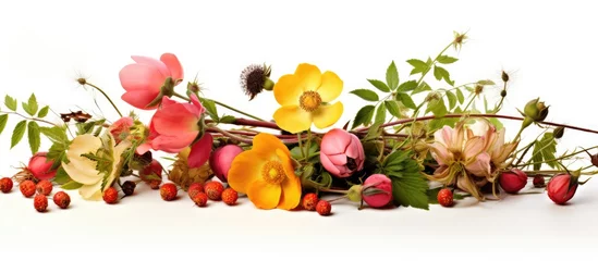 Zelfklevend Fotobehang Composition of medicinal plants and herbs includes dog rose rosehips Rosa canina hips essential oil linden flowers and chamomile used in pharmacy for herbal tea © AkuAku
