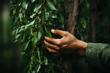 A man's hand touches a tree trunk close-up. Caring for the environment. Ecological concept of...