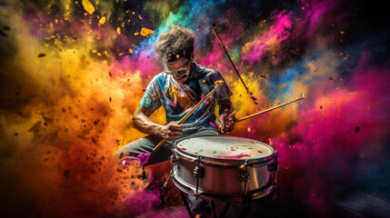 A close - up view of drums immersed in a captivating cloud of colorful dust, with a skilled musician in the background - obrazy, fototapety, plakaty