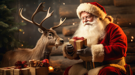 Santa Claus with reindeer in winter forest. Concept of new year coming. Christmas celebration. Ai generative