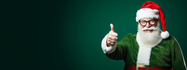 Fototapeta na wymiar Old Santa Claus Man in Christmas Hat Red Suit Clothes Keep his Thumbs Up Green Background Studio Shot. Like Happy New Year, merry Christmas, x-mas Holiday Concept. Ai Generative