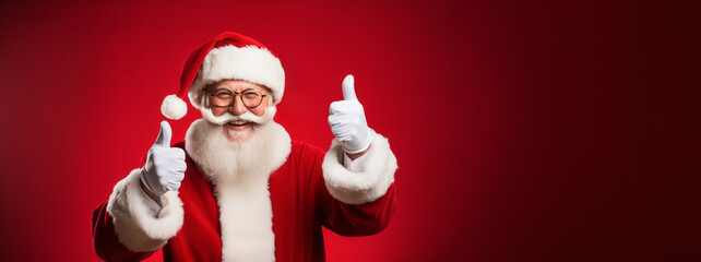 Old Santa Claus Man in Christmas Hat Red Suit Clothes Keep his Thumbs Up Red Background Studio Shot. Like Happy New Year, Merry Christmas, x-mas holiday Concept. Ai Generative