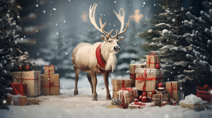 New year celebration holiday concept. Christmas reindeer in winter forest. Present gifts boxes on the snow under Christmas tree. Ai generative - obrazy, fototapety, plakaty