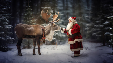 Santa Claus with reindeer in winter forest. Concept of New Year coming. Christmas celebration. Ai generative