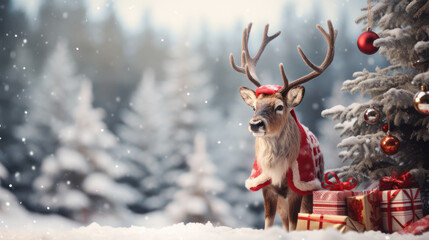 New year celebration Holiday concept. Present gift boxes on the snow under Christmas tree. Christmas reindeer in winter forest. Ai generative