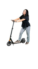 Full length profile shot of Asian female student riding an electric scooter