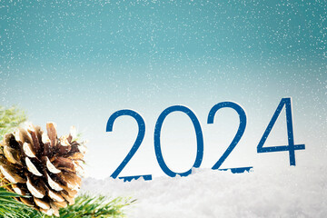 Christmas and 2024 new year composition with snow