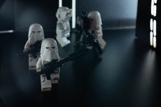 Depok, Indonesia - October 29, 2023: Lego toys photography recreating Star Wars snowtroopers on star destroyer hallway, preparation before battle of hoth