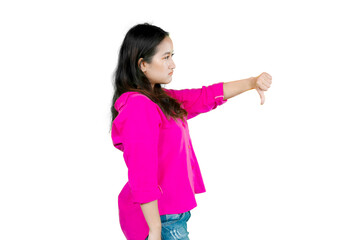 asian woman standing looking unhappy and angry showing rejection and negative with thumbs down gesture