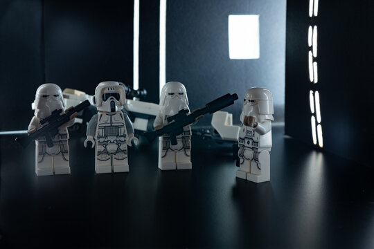 Depok, Indonesia - October 29, 2023: Lego toys photography recreating Star Wars snowtroopers on star destroyer hallway, preparation before battle of hoth