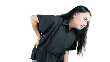 Chronic back pain. Asian female teen is holding her lower back