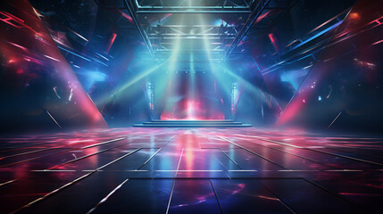 Colorful spotlights nightclub stage with dynamic red and blue spotlights, a vintage dance floor below, and a scene immersed in the play of laser beams, lamps, and swirling smoke - obrazy, fototapety, plakaty
