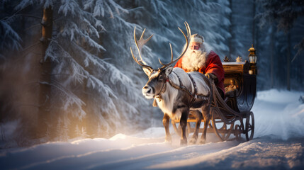 Santa Claus is delivering Christmas and new year gift boxes on sledge with reindeer. Winter forest with snow. Ai generative