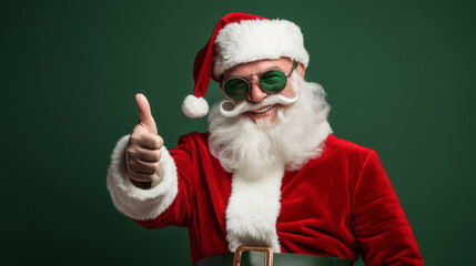 Fototapeta na wymiar Old Santa Claus man in Christmas Hat Red Suit Clothes Keep his Thumbs Up Green Background Studio Shot. Like Happy New Year, Merry Christmas, x-mas Holiday Concept. Ai Generative
