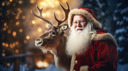 Santa Claus with reindeer in winter forest. Concept of new year, Christmas celebration. Ai generative