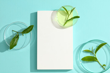 The white rectangular podium is decorated with petri dishes and green tea leaves on a light colored background. Space in the frame for image and text design. Cosmetics with green tea extract.