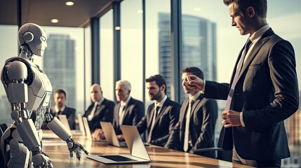 AI-generated illustration of men executives in the corporate conference room, along with one robot. MidJourney. - obrazy, fototapety, plakaty