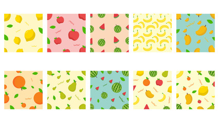 Set of colorful fruit pattern. Orange, lemon, banana, watermelon, apple, tropical fruits pattern for background.