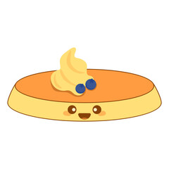 Cute pancake with syrup and various toppings in kawai style. Vector illustration.