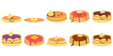 Set of cute pancake illustration in kawaii style. Vector Illustration.