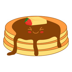 Cute pancake with syrup and various toppings in kawai style. Vector illustration.