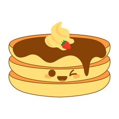Cute pancake with syrup and various toppings in kawai style. Vector illustration.