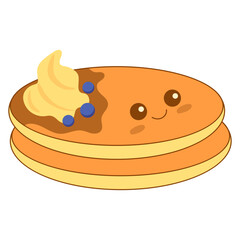 Cute pancake with syrup and various toppings in kawai style. Vector illustration.