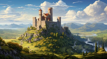 An ancient castle perched on a rugged cliff, overlooking a picturesque countryside - Powered by Adobe