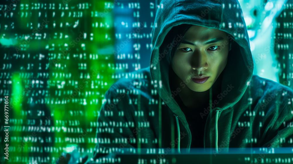 Poster a hacker man in a hoodie sitting with green blurred front screen. concept of data protection. ai gen