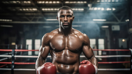 Fototapeta na wymiar Black man in boxing gloves on a ring. Concept of sport training. Ai generative illustration